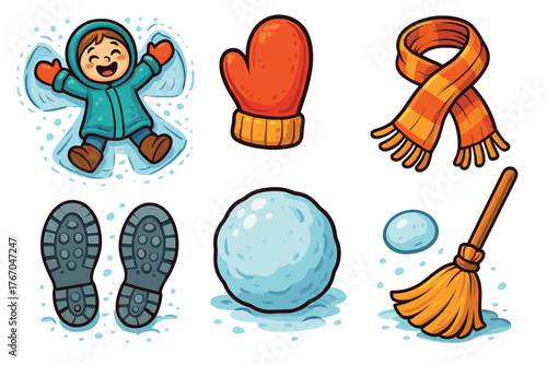 Winter playtime activities for children in snowy weather. Set of 6 Christmas vector illustration