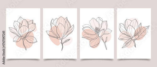 Set of hand drawn botanical art posters with magnolia. Set of card with magnolia flowers on pastel backgrounds.