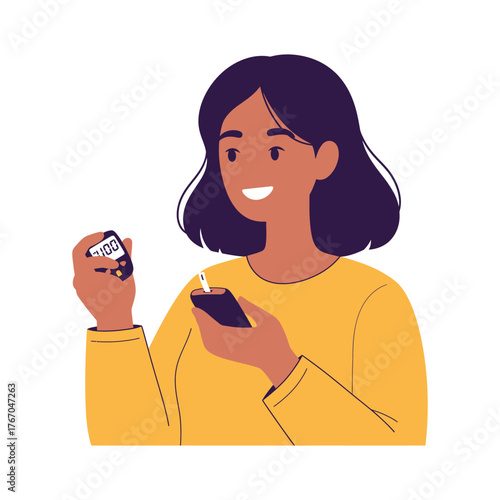 Woman Checking Blood Sugar Level with Glucometer diabetes glucose health medical test strip monitor healthcare disease patient