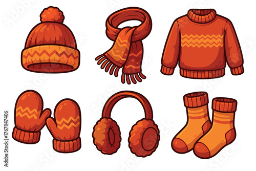 Cozy winter clothing accessories for warm style and comfort. Set of 6 Christmas vector illustration