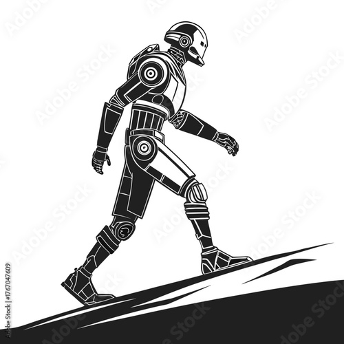 Black and white illustration of a robot walking