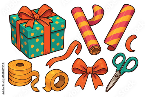 Gift wrapping elements for creative celebrations and events. Set of 6 Christmas vector illustration