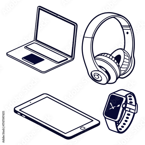 Isometric outline illustration of modern gadgets
