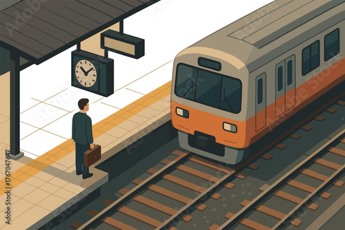 Commuter waiting for train at city station with clock and briefcase
