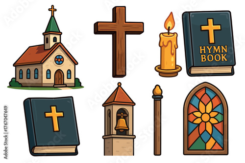 Religious symbols and church elements for faith based design. Set of 6 Christmas vector illustration