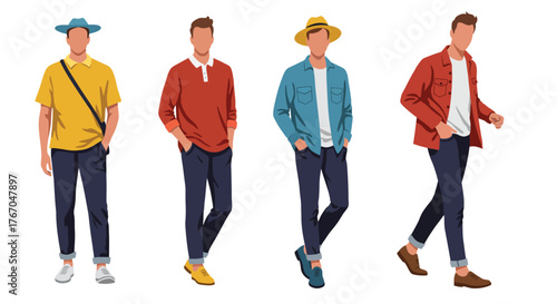 Four stylish men showcase different casual outfits and fashion choices