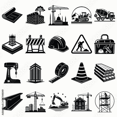 Construction icons set industrial building site tools and equipment