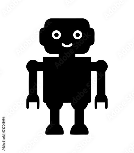 Simple Black Robot Silhouette With Round Eyes and Smiling Mouth on White Backdrop