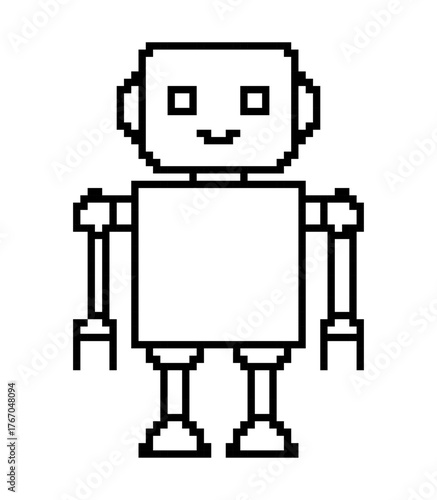 Simple Pixelated Robot Character with Square Body and Antenna on White Background