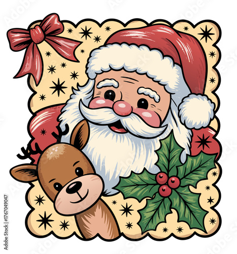A vintage-style Christmas illustration featuring
Santa Claus and a reindeer in a decorative frame