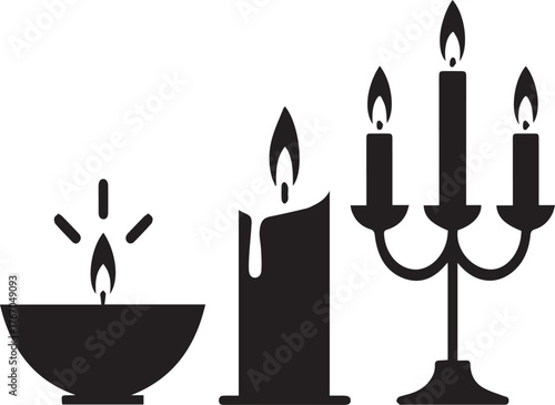 Black silhouette of a candelabra and two burning candles on a white background flame light
