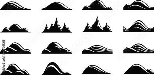 Collection of stylized black and white vector illustrations representing diverse abstract landscapes and hilly terrains, perfect for graphic design elements