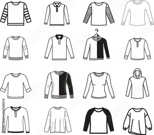 Collection of hand drawn sketches of various long sleeve tops and sweaters for women and children