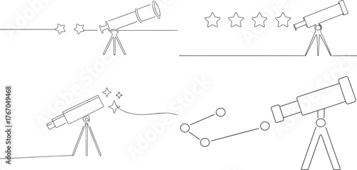 A set of telescope pointing one continuous line art, Vector illustration, One line art, Line art graphic style