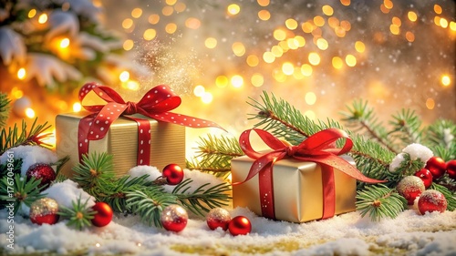 Christmas Gifts adorned with red ribbons with Snow and Bokeh Background
