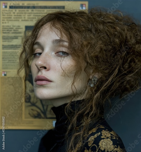 Elegant Woman in Ornate Fabric with Soft Light and Artistic Mood