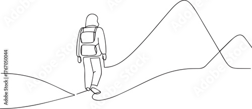 traveler with backpack one continuous line art, Vector illustration, One line art, Line art graphic style