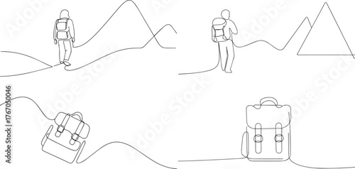 A set of traveler with backpack one continuous line art, Vector illustration, One line art, Line art graphic style