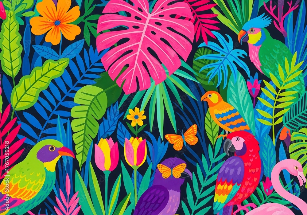 Obraz premium Vibrant tropical foliage with colorful birds and butterflies for a lively summer feel, perfect for fashion textiles or a fun party backdrop