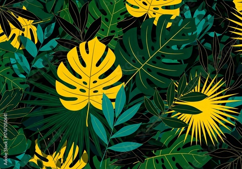 Fototapeta Naklejka Na Ścianę i Meble -  Vibrant tropical foliage pattern with bold green and yellow leaves creating a lush, modern jungle vibe for eye-catching designs