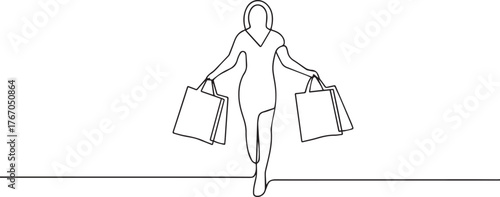 woman holding paper bags one continuous line art, Vector illustration, One line art, Line art graphic style