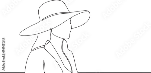 woman wearing hat one continuous line art, Vector illustration, One line art, Line art graphic style
