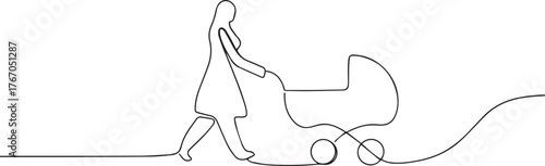 woman pushing baby stroller one continuous line art, Vector illustration, One line art, Line art graphic style