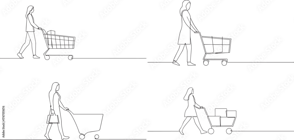 Obraz premium A group of woman pushing shopping trolley cart one continuous line art, Vector illustration, One line art, Line art graphic style