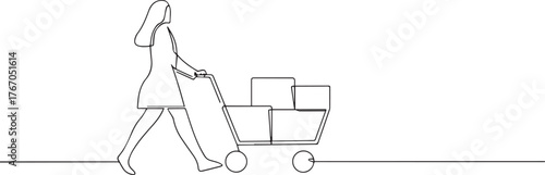 woman pushing shopping trolley cart one continuous line art, Vector illustration, One line art, Line art graphic style