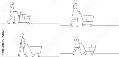 A group of woman pushing shopping trolley cart one continuous line art, Vector illustration, One line art, Line art graphic style