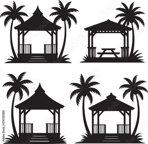 Four black silhouette gazebos with palm trees and tropical foliage on white background vector