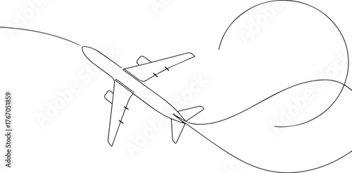 Airplane on clouds one continuous line art, Vector illustration, One line art, Line art graphic style