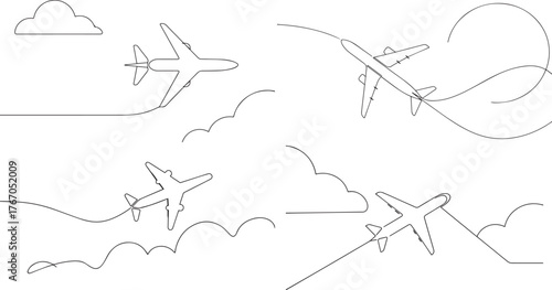 A group of Airplane on clouds one continuous line art, Vector illustration, One line art, Line art graphic style