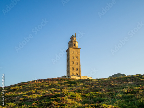 Tower of Hercules above the green hill, Galicia