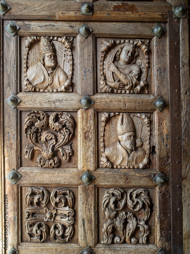 Wood carving detail of the door of the Cathedral of St Mary of Tui, Galicia