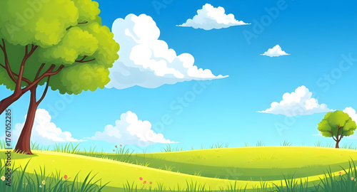 green, field, meadow, blue sky, clouds, background, vector, illustration, landscape, nature, scenery, grass, horizon, sunny, outdoor, tranquil, peaceful, natural, vibrant, summer, rural, countryside, 