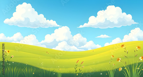 green, field, meadow, blue sky, clouds, background, vector, illustration, landscape, nature, scenery, grass, horizon, sunny, outdoor, tranquil, peaceful, natural, vibrant, summer, rural, countryside, 