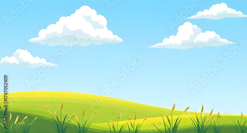 green, field, meadow, blue sky, clouds, background, vector, illustration, landscape, nature, scenery, grass, horizon, sunny, outdoor, tranquil, peaceful, natural, vibrant, summer, rural, countryside, 