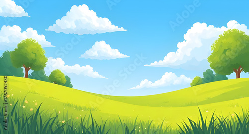 green, field, meadow, blue sky, clouds, background, vector, illustration, landscape, nature, scenery, grass, horizon, sunny, outdoor, tranquil, peaceful, natural, vibrant, summer, rural, countryside, 