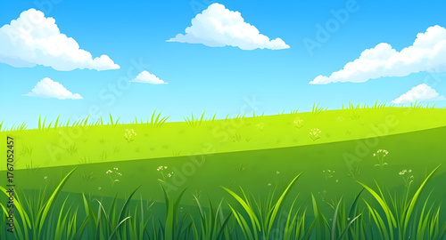 green, grass, blue, sky, meadow, vector, illustration, landscape, nature, field, horizon, sunny, outdoors, scenic, tranquil, peaceful, summer, rural, natural, vibrant, fresh, floral, wildflowers, coun
