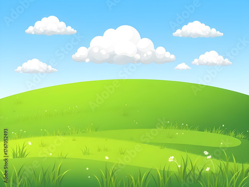 green, field, meadow, blue sky, clouds, background, vector, illustration, landscape, nature, scenery, grass, horizon, sunny, outdoor, tranquil, peaceful, natural, vibrant, summer, rural, countryside, 