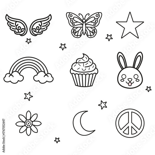 Collection of whimsical black and white doodles isolated on white background