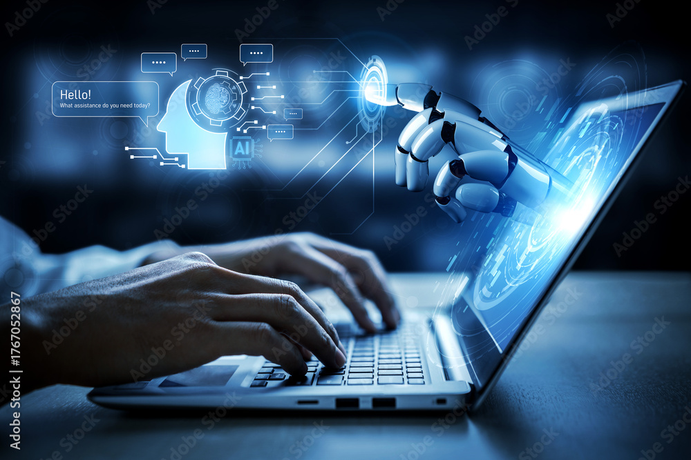 Obraz premium AI chatbot assists users with real-time conversations, providing automated answers, processing natural language, and delivering personalized support efficiently. Vouch