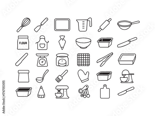 Baking and Kitchen Tools Line Icons Set - Whisk Mixer Measuring and Flourset