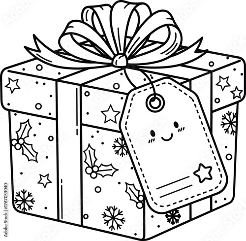 Charming hand drawn christmas gift box with festive holiday decorations and a cute tag