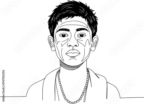 Young man with face paint and necklace in line vector style  