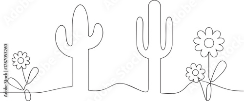 Cactus with flowers one continuous line art, Vector illustration, One line art, Line art graphic style