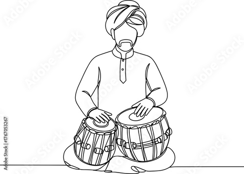 Man playing dholak drums in line vector style, transparent background  