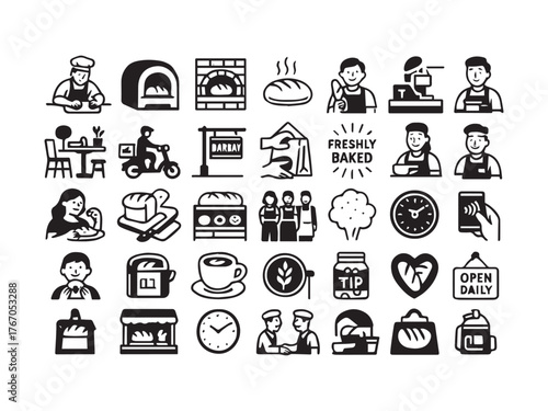 Bakery Baker and Pastry Shop Glyph Icons Set - Coffee  Delivery and Freshly Baked set