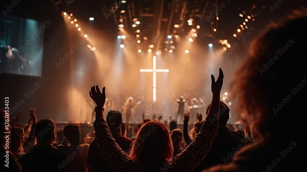 Fototapeta premium Crowd of people raising their hands in praise during a christian worship event, with a glowing cross visible on the stage and bright lights illuminating the scene, expressing faith and community